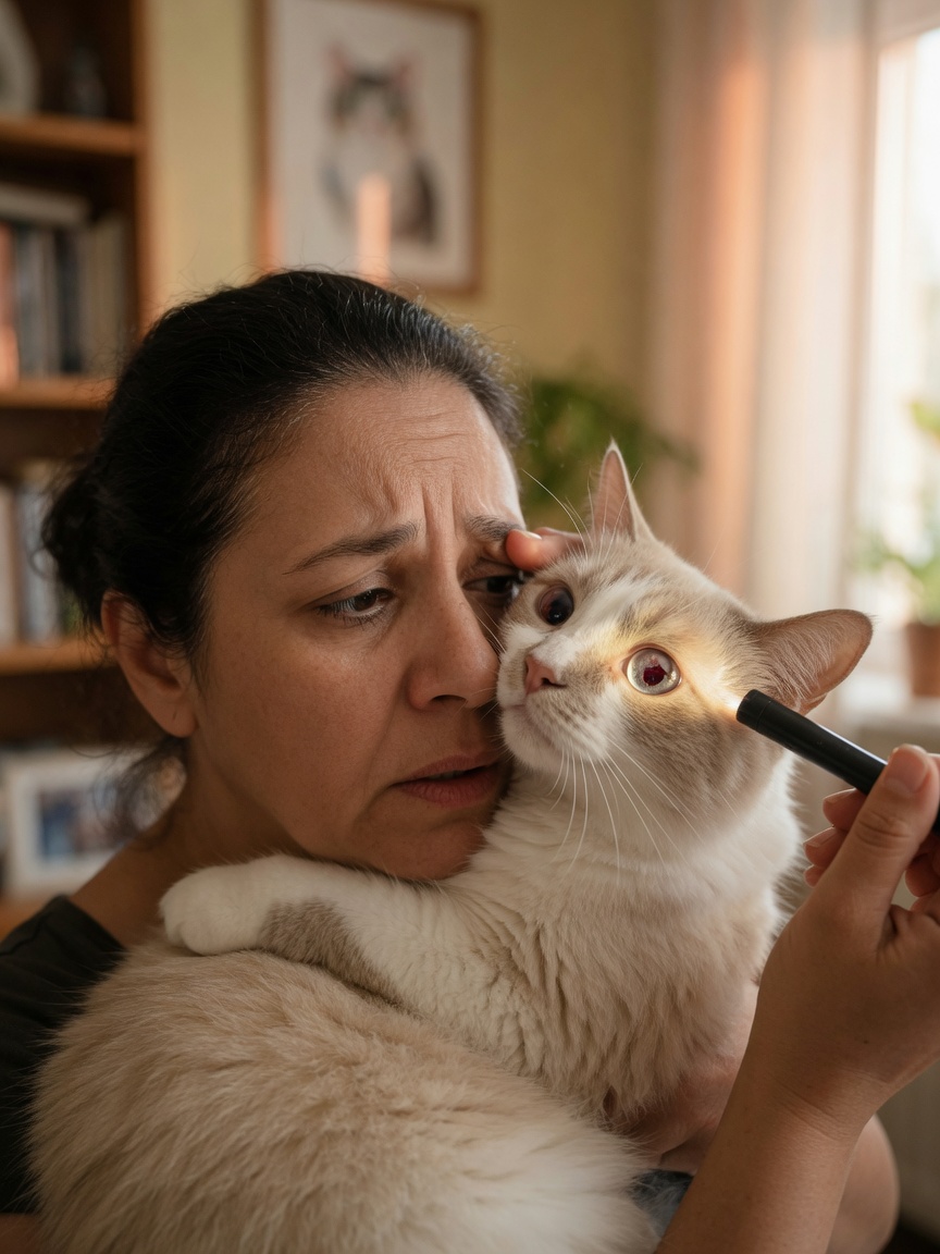 Owner examining cat's eye for signs of retinal damage and blindness caused by hypertension from hyperaldosteronism