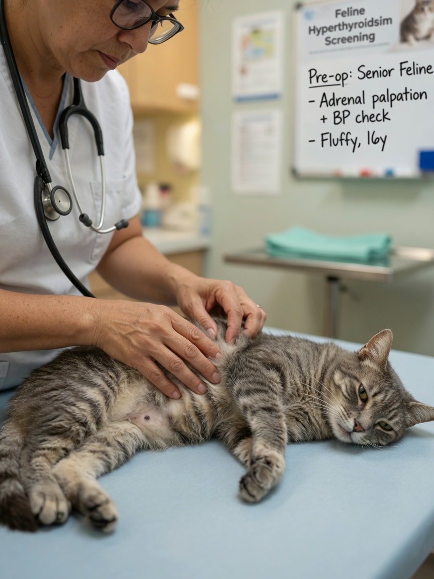 Veterinarian examining senior cat's abdomen to assess adrenal glands before surgical adrenalectomy for hyperaldosteronism treatment
