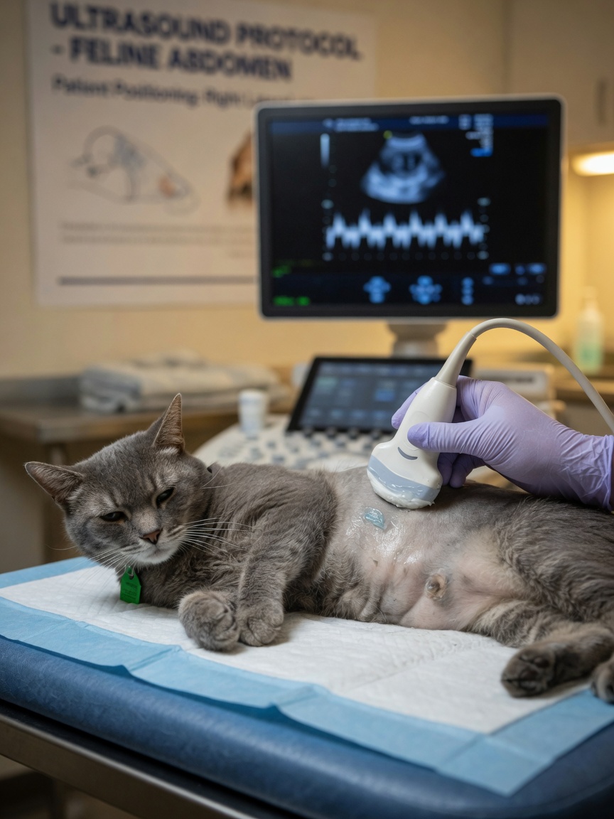 Veterinarian performing an abdominal ultrasound on a cat to investigate underlying disease causes
