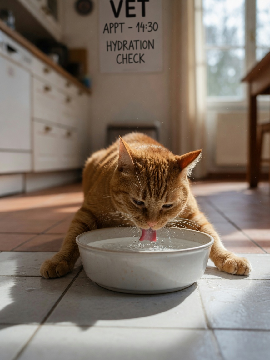 Cat displaying increased thirst, drinking extensively from a water bowl due to hypercalcaemia