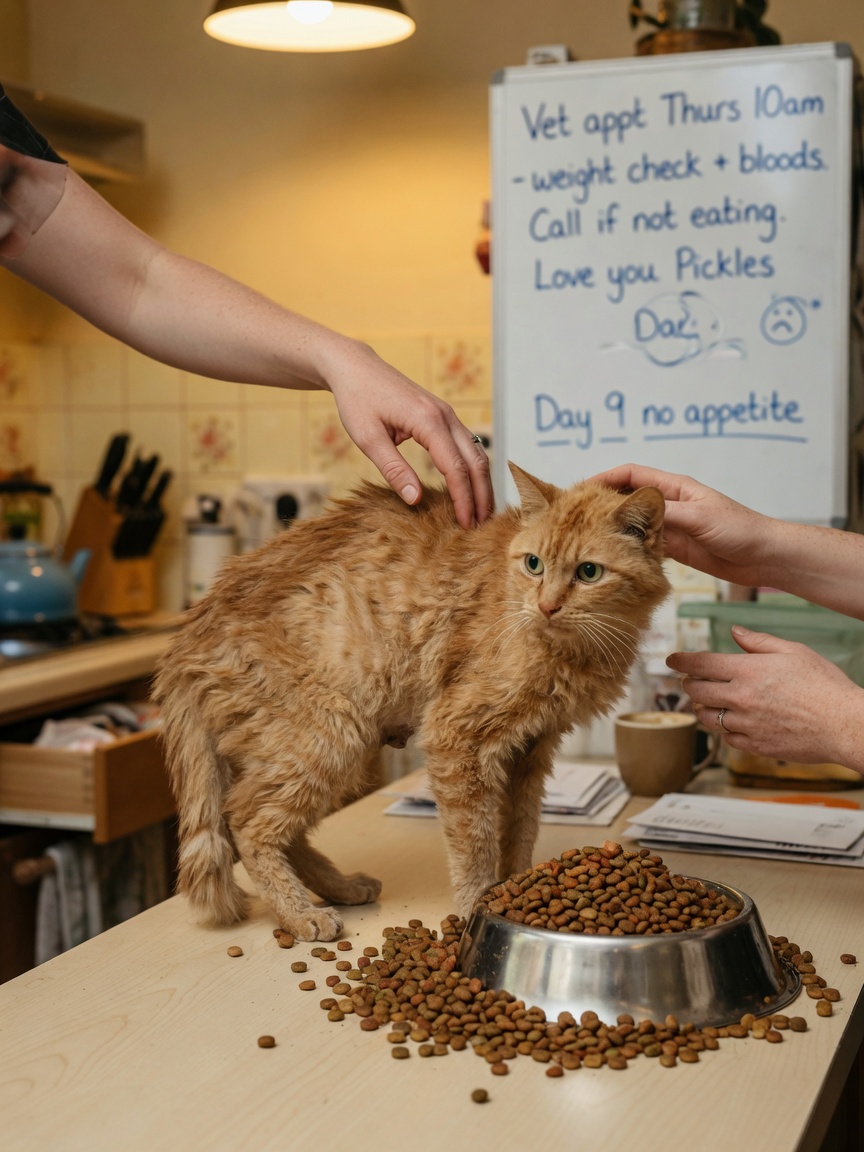 Thin ginger cat at food bowl despite overeating, showing paradox of weight loss with increased appetite