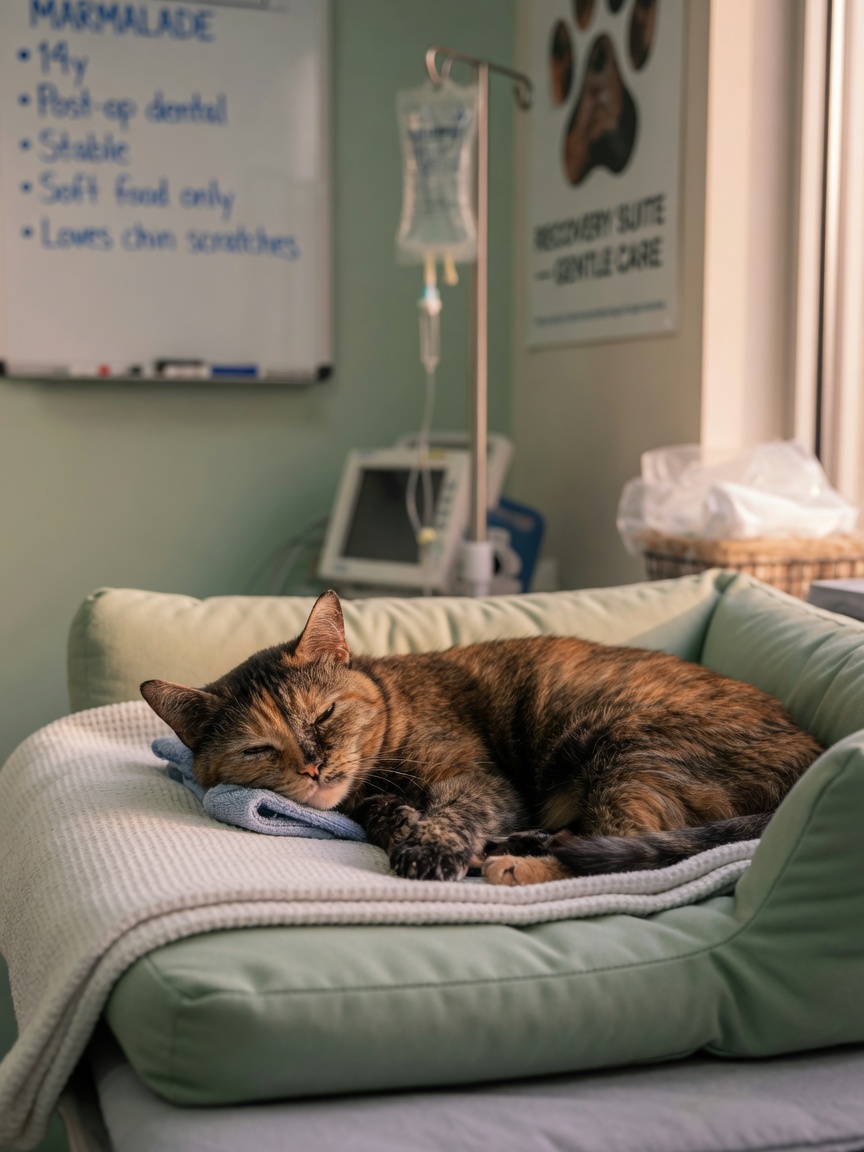 Senior tortoiseshell cat recovering peacefully in veterinary facility after radioactive iodine treatment