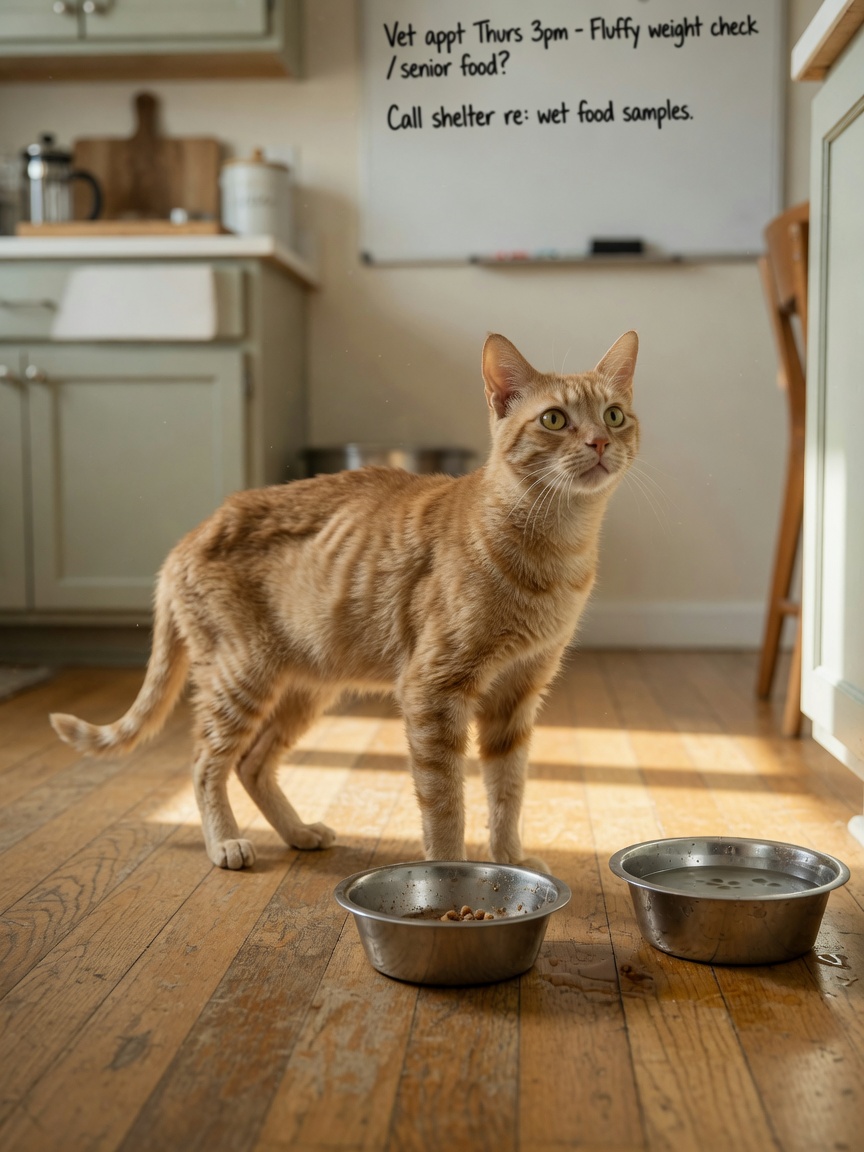 Visibly thin senior tabby cat standing beside food and water bowls, showing weight loss despite eating and signs of a dull coat