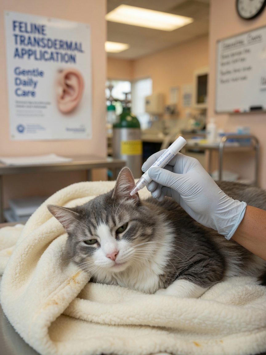 Veterinarian applying transdermal medication gel to the ear of a calm senior cat on a soft blanket during hyperthyroidism treatment