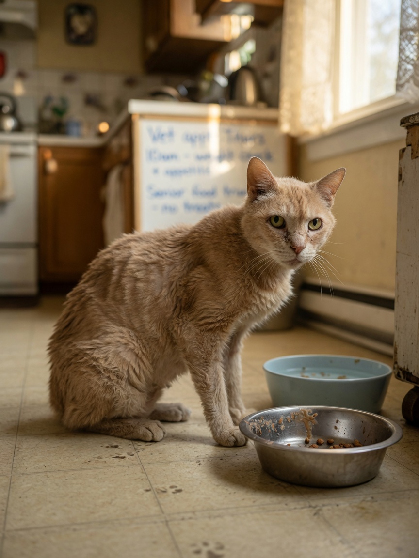 Senior cat with visible weight loss and unkempt coat next to food bowl