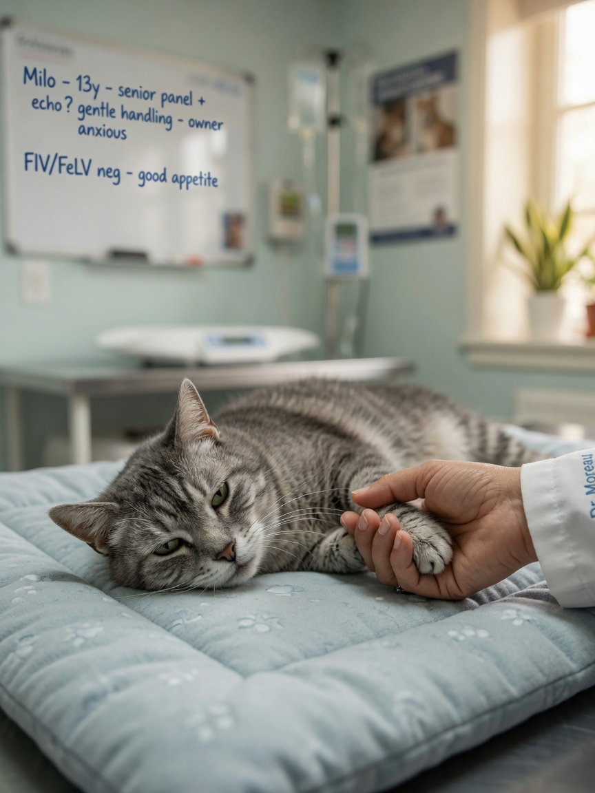 Senior cat resting during veterinary treatment with vet's reassuring hand contact