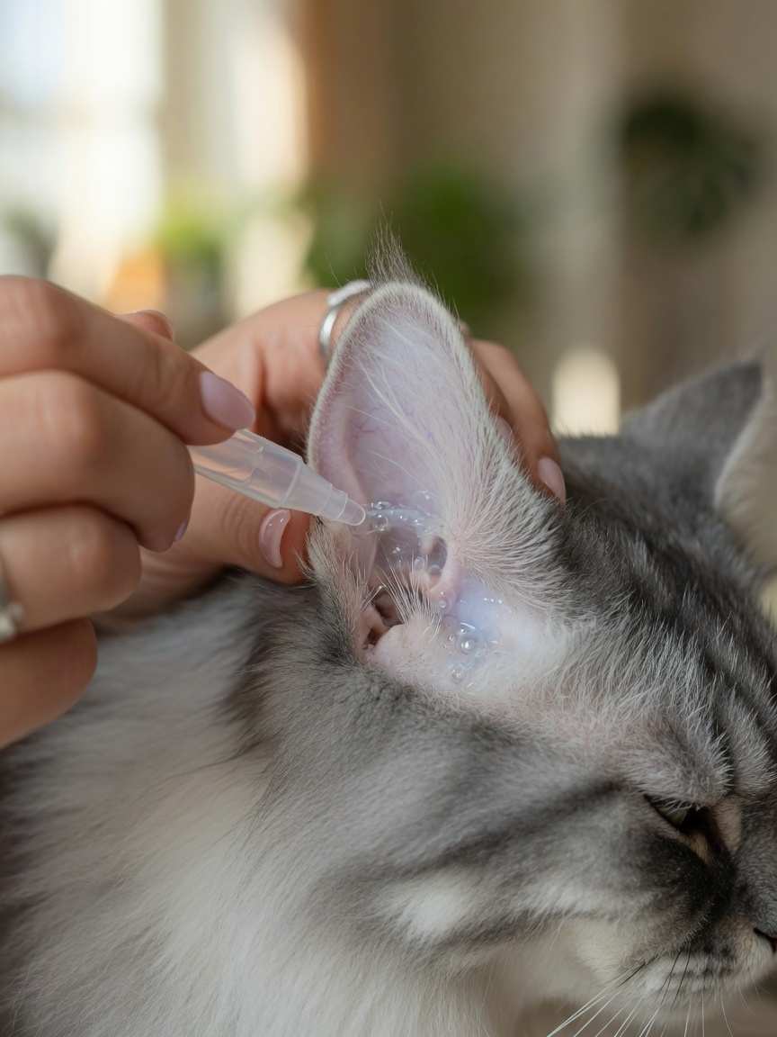 Transdermal methimazole gel being applied to a cat's inner ear flap for hyperthyroidism treatment