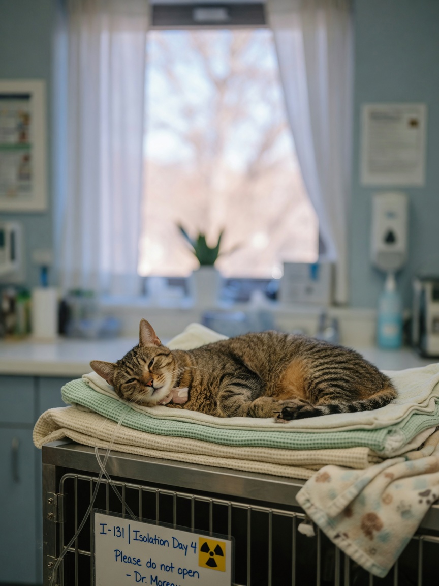 A cat resting comfortably in a hospital recovery area following radioiodine therapy for hyperthyroidism