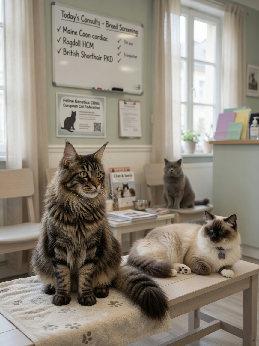 Maine Coon, Ragdoll, and British Shorthair cats in a veterinary clinic waiting room for cardiac screening