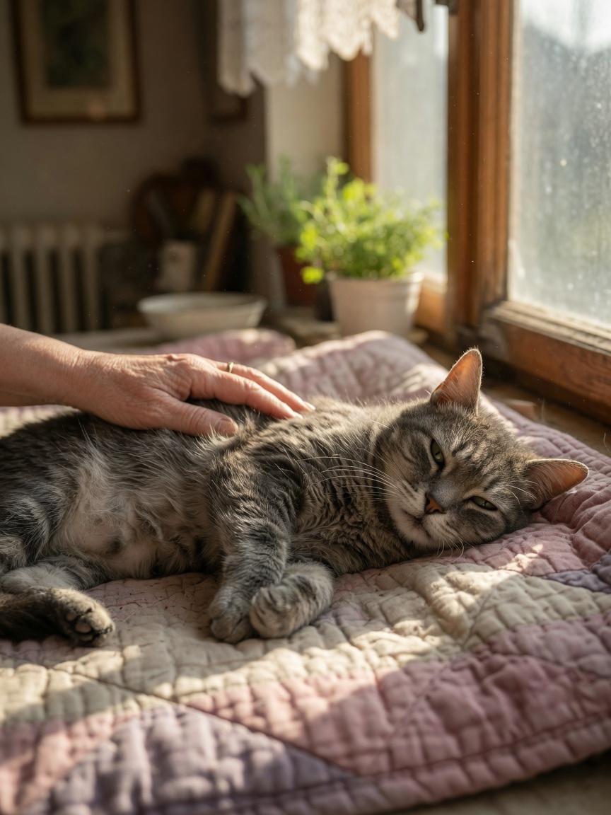 An elderly cat resting peacefully on a soft blanket with owner's hand gently on its side, showing signs of cardiac distress