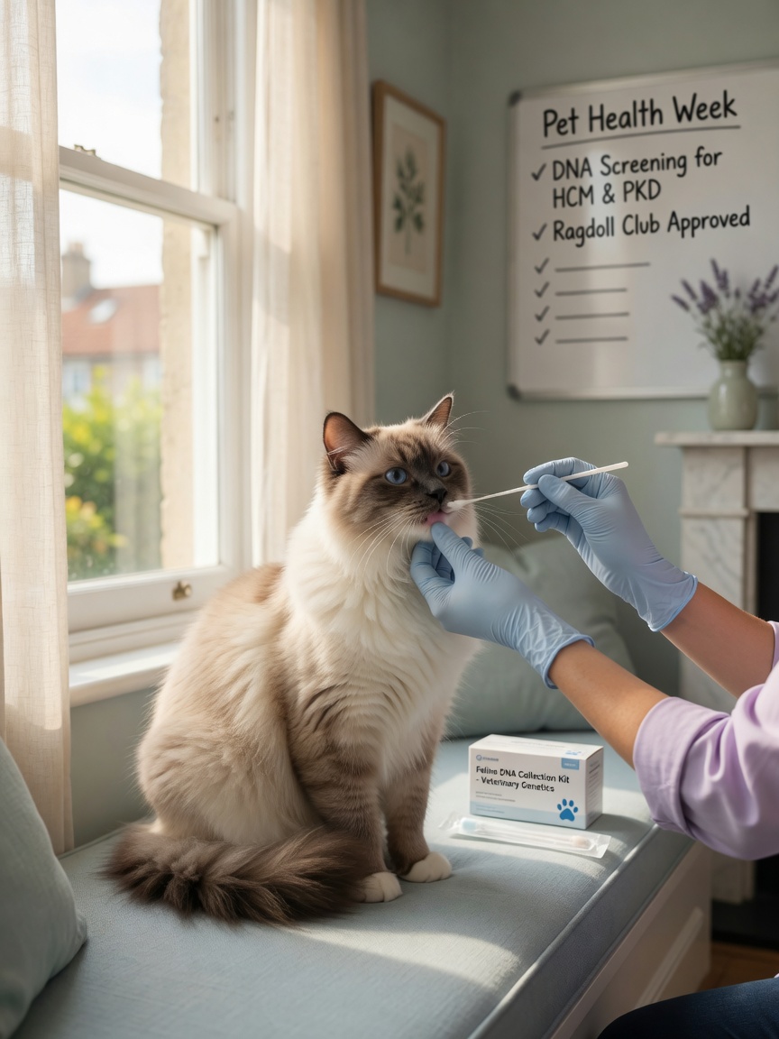 Veterinarian collecting DNA sample from Ragdoll cat for genetic screening