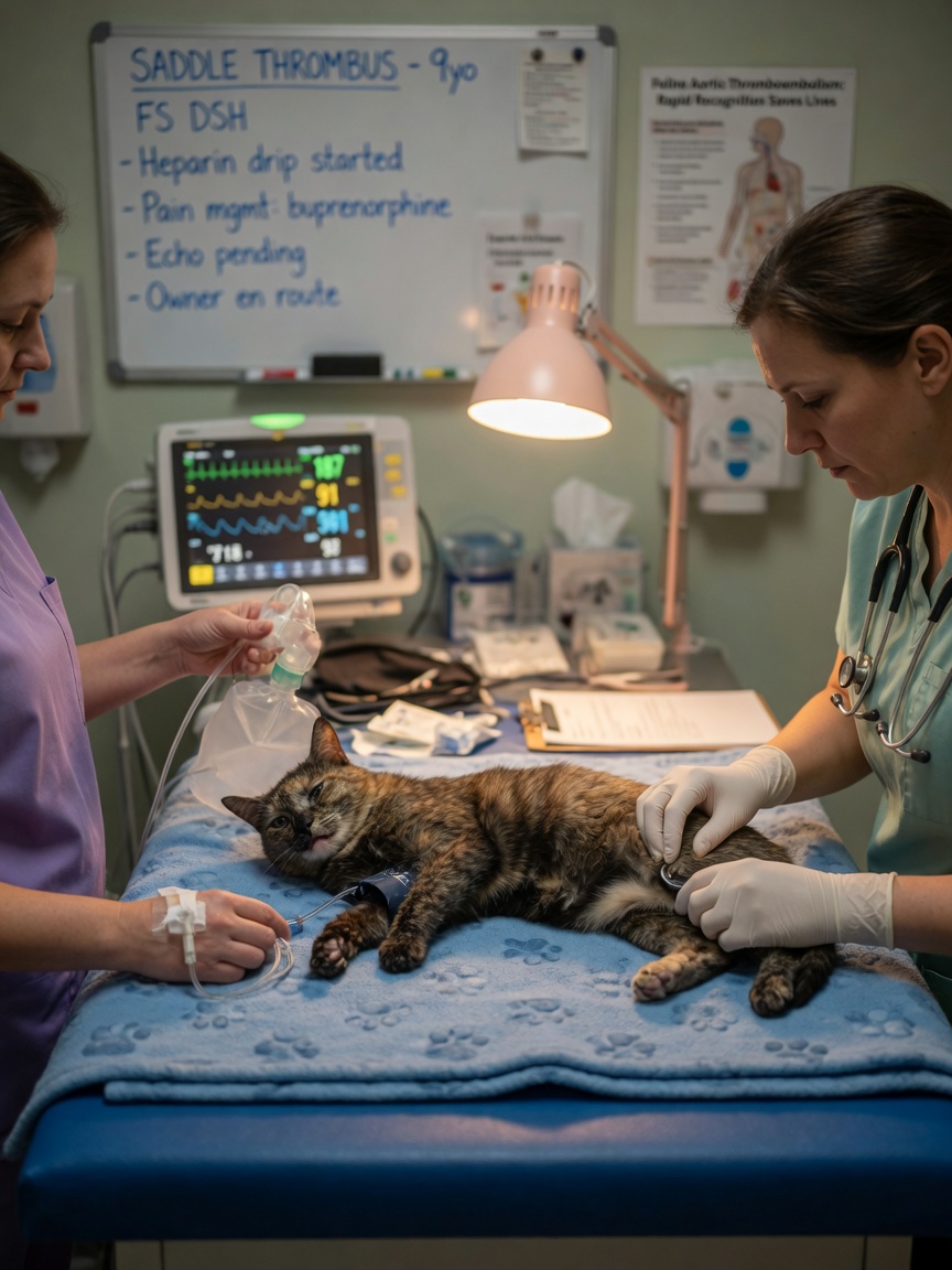 Veterinarian providing emergency care to cat with saddle thrombus in clinic