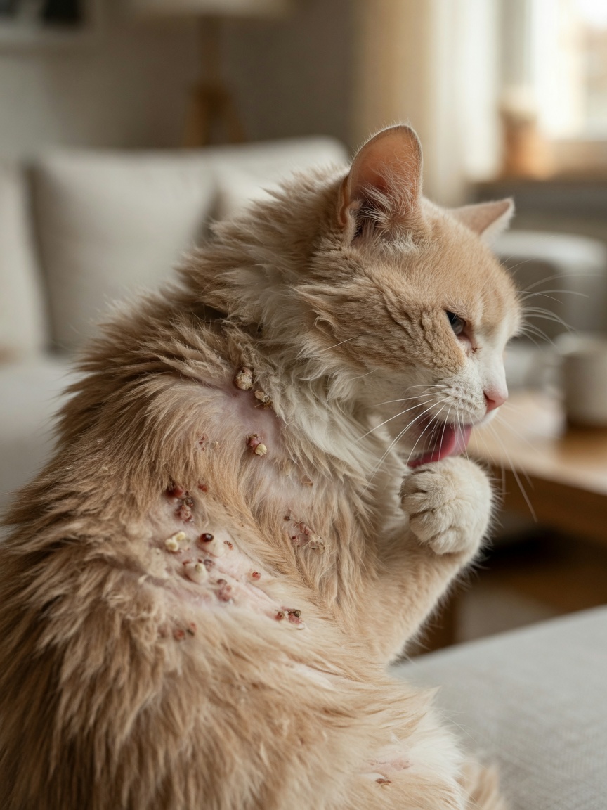 Close-up of a cat's back and neck showing red, irritated skin with visible crusty lesions from miliary dermatitis