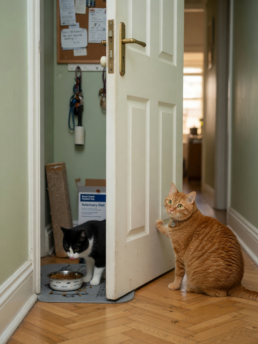 Two cats separated by a closed door during feeding time, illustrating the challenge of managing an elimination diet in multi-cat households