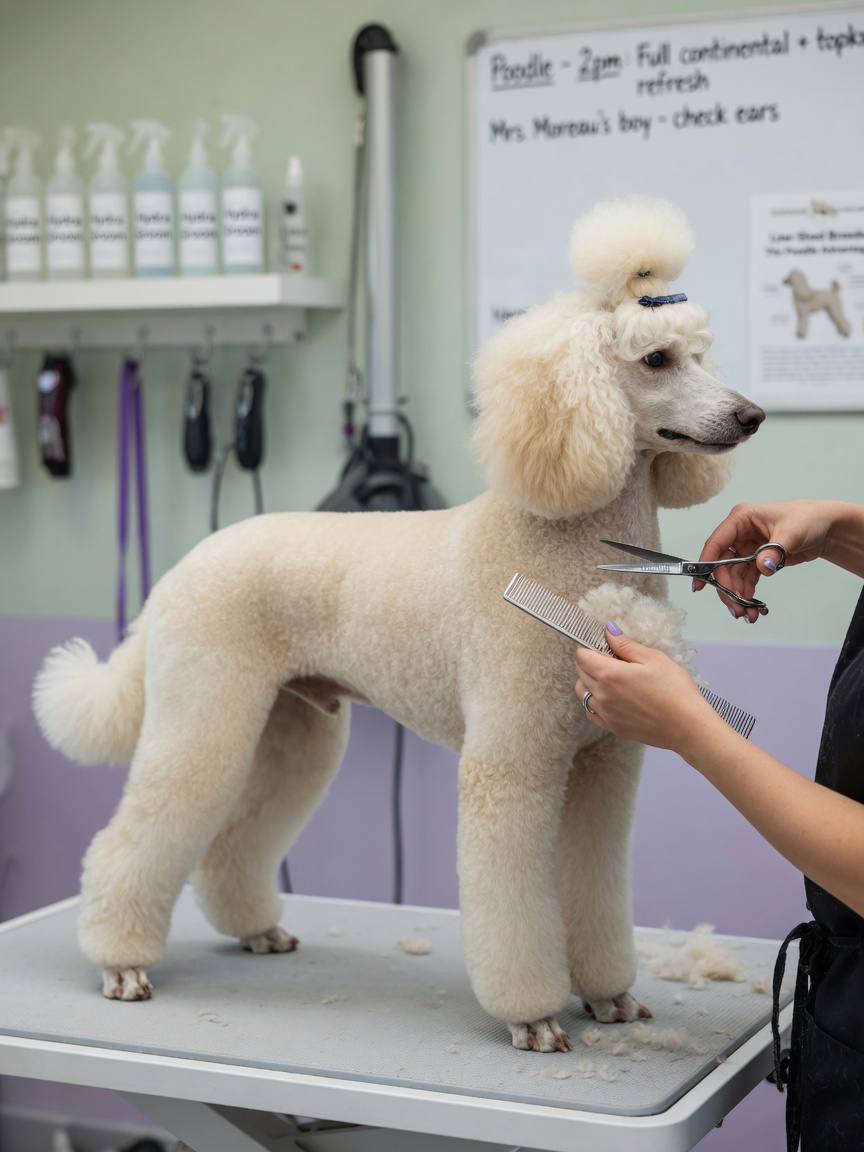 Professional groomer working on a Standard Poodle's dense curly cream coat with grooming tools on a grooming table