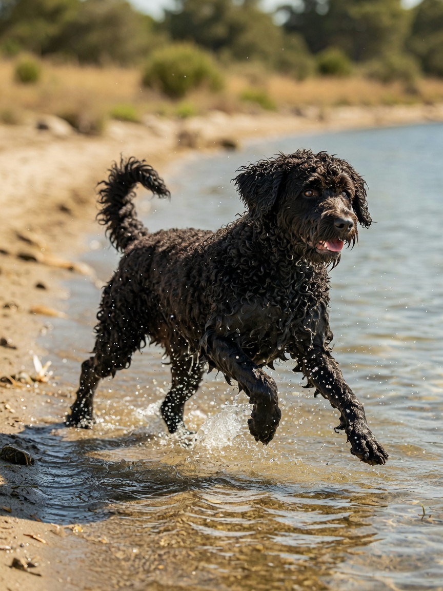 Athletic Portuguese Water Dog with dark wavy coat running through shallow water at a beach showing breed's exercise needs