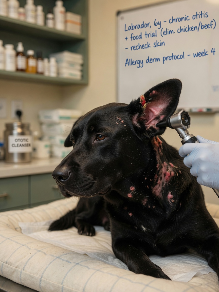 Veterinarian examining chronic ear infection and skin irritation in a black Labrador during allergy assessment