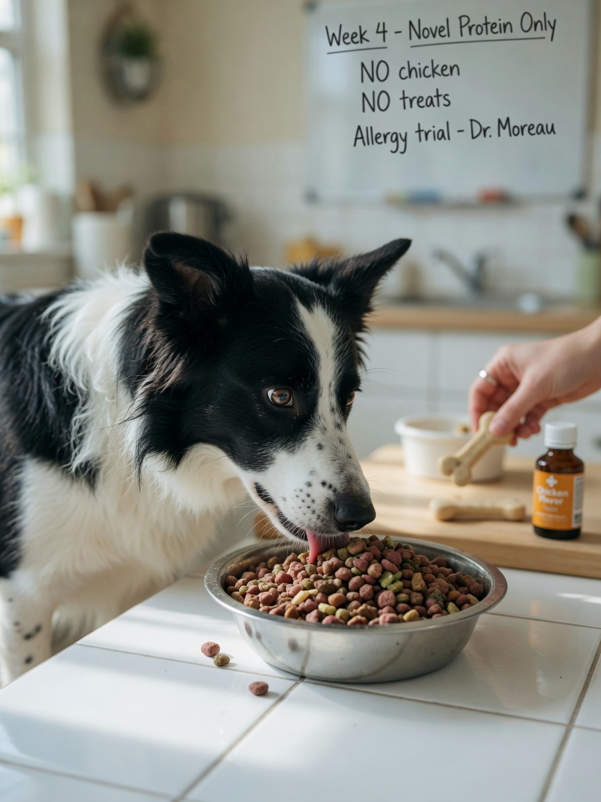 Border collie eating specialized novel protein kibble during elimination diet trial with regular treats removed in background