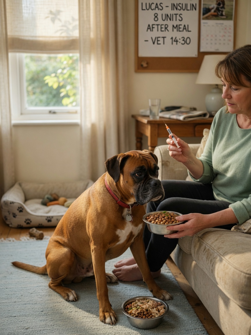 Diabetic dog owner preparing insulin injection after ensuring dog has eaten