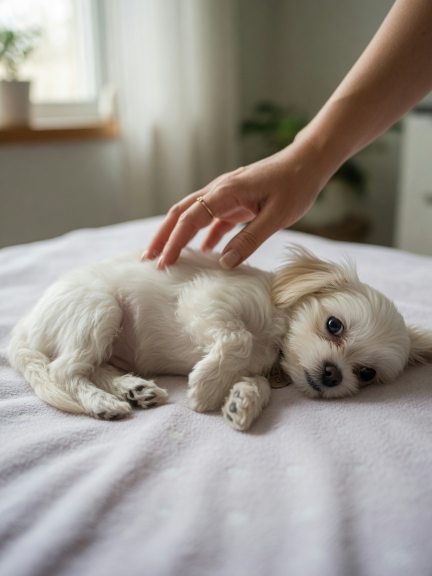 Small Maltese puppy showing trembling and glazed expression from hypoglycaemia symptoms