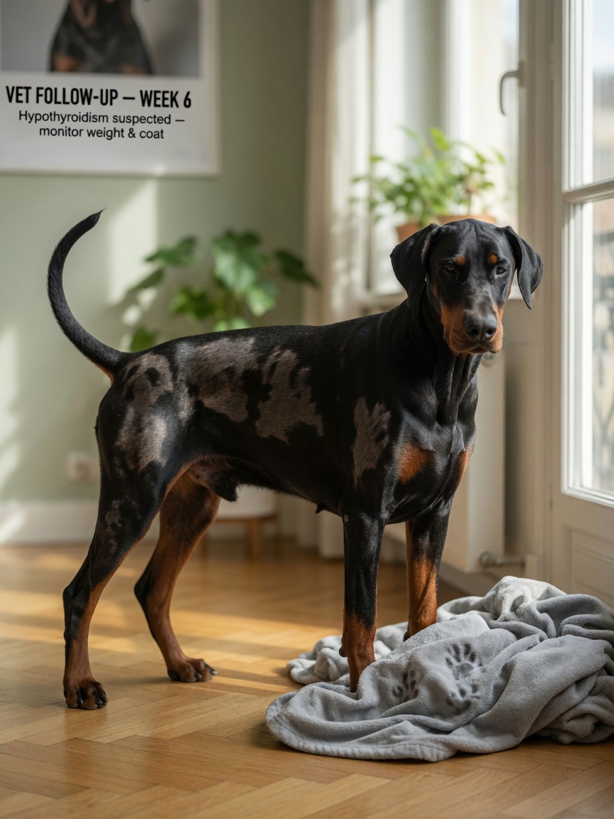 Dobermann showing visible signs of hypothyroidism including symmetrical hair loss, rat tail, thickened facial features, and lethargy while resting indoors