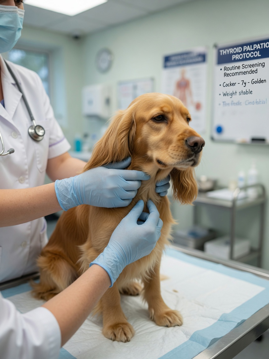 Veterinarian palpating a Cocker Spaniel's neck during thyroid examination on a clinical table
