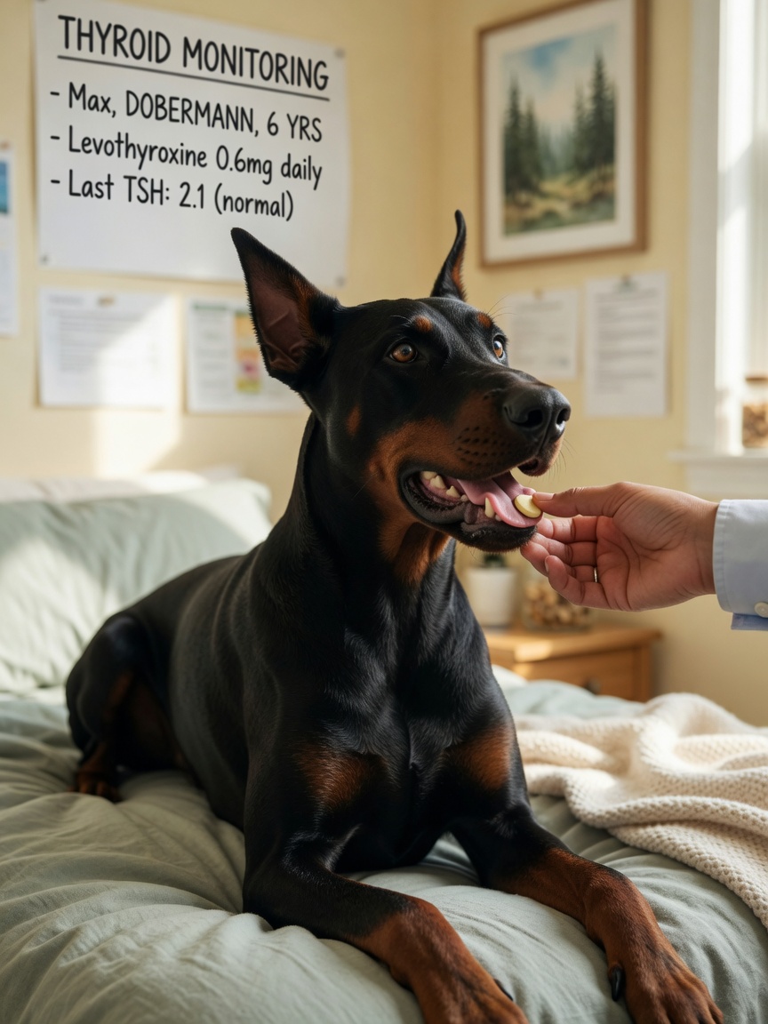 A revitalized hypothyroid dog receiving oral levothyroxine treatment at home with glossy coat and alert expression