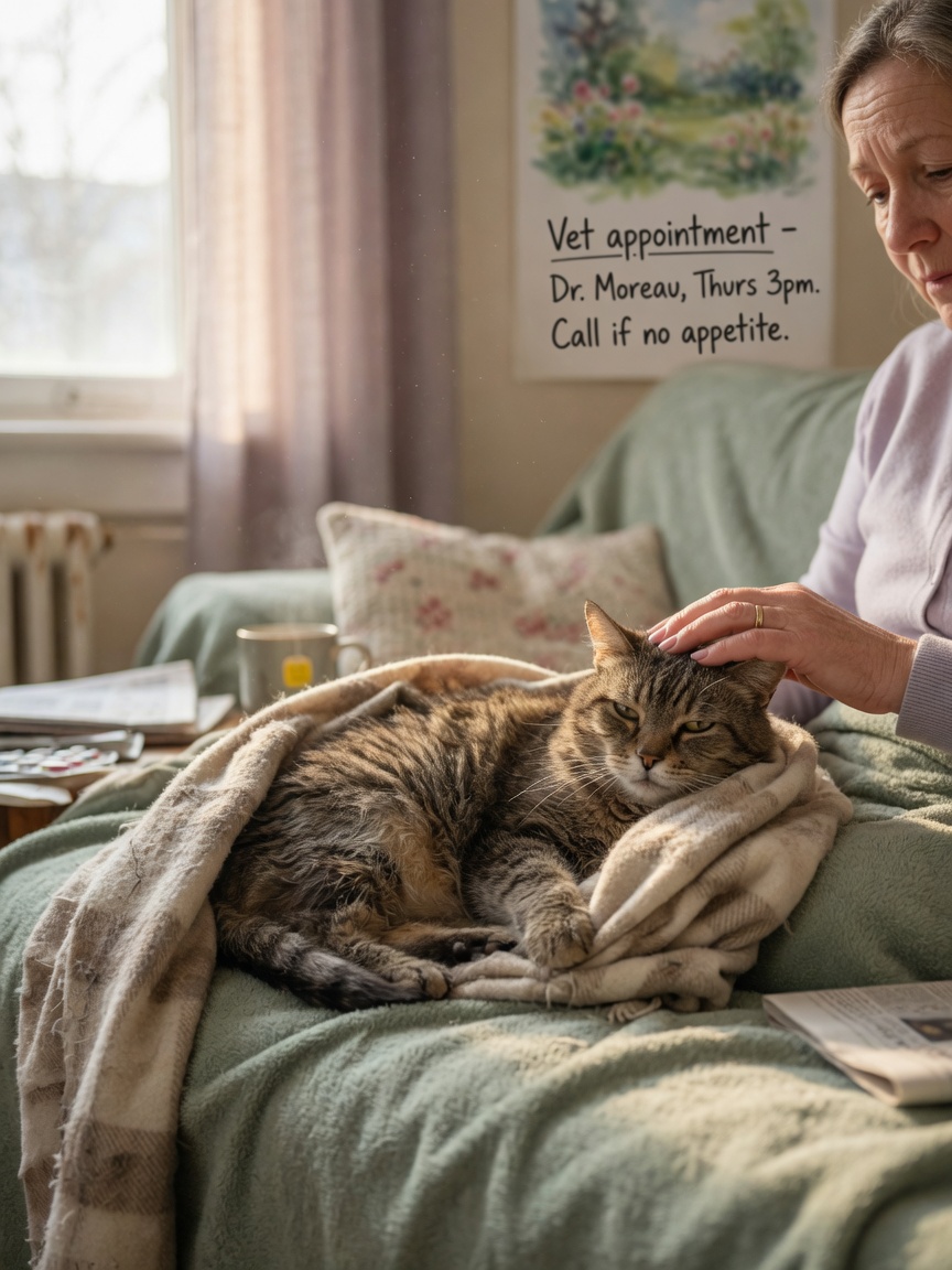 Lethargic overweight tabby cat on blanket with owner's gentle hand, showing dull coat and signs of hypothyroidism
