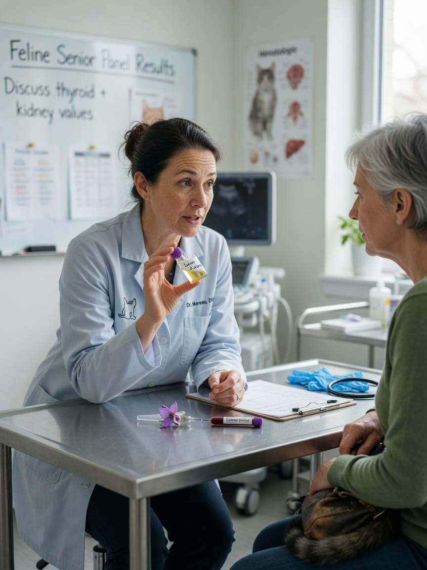 Veterinarian discussing blood test results with cat owner during hypothyroidism diagnosis consultation
