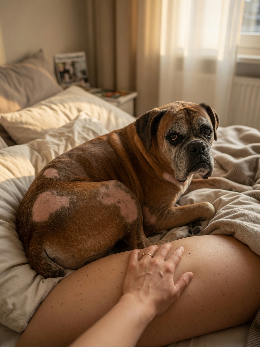 Lethargic hypothyroid dog with dull coat and hair loss lying near a window while owner gently examines the bald patches