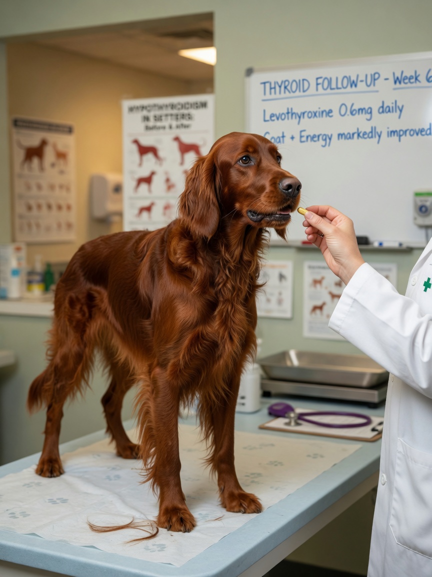 Healthy, energetic Irish Setter with restored glossy coat receiving oral levothyroxine medication from veterinarian after successful treatment