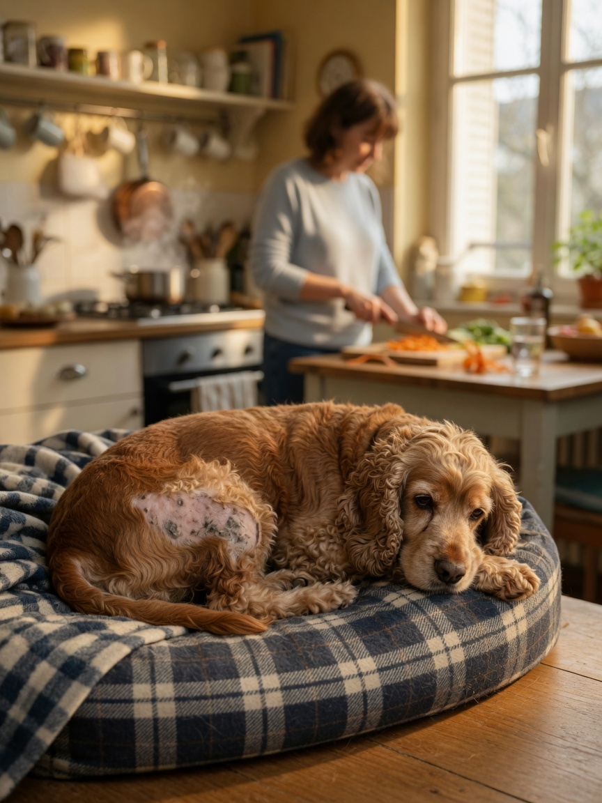 Cocker Spaniel exausto com pelagem opaca e despenteada e perda visível de pêlo deitado numa cama de cão, exibindo sinais de letargia e má qualidade da pelagem típica do hipotiroidismo