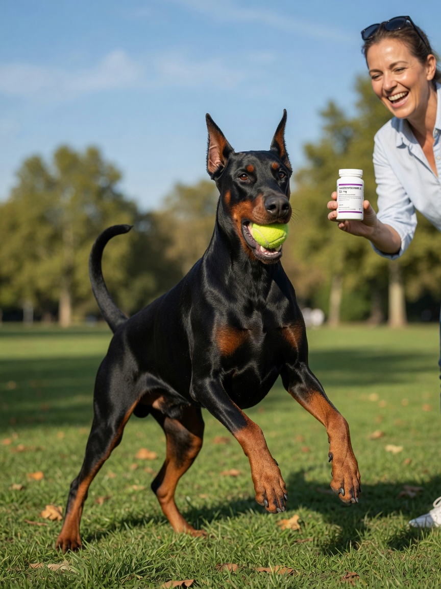 Um Doberman Pinscher energético com pelagem brilhante apanhando uma bola num parque, mostrando recuperação saudável após tratamento do hipotiroidismo com qualidade de pelagem e vitalidade melhoradas