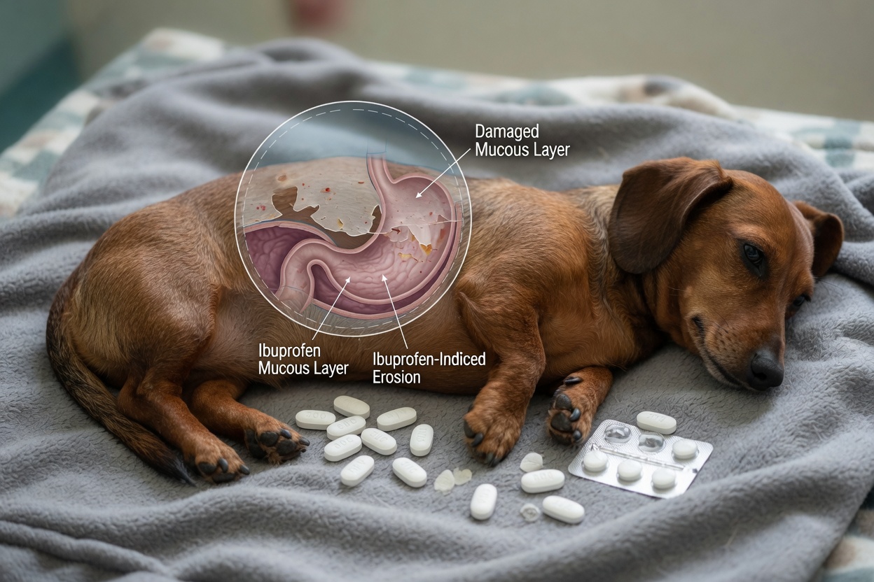 Dachshund on blanket with anatomical overlay showing stomach damage from ibuprofen