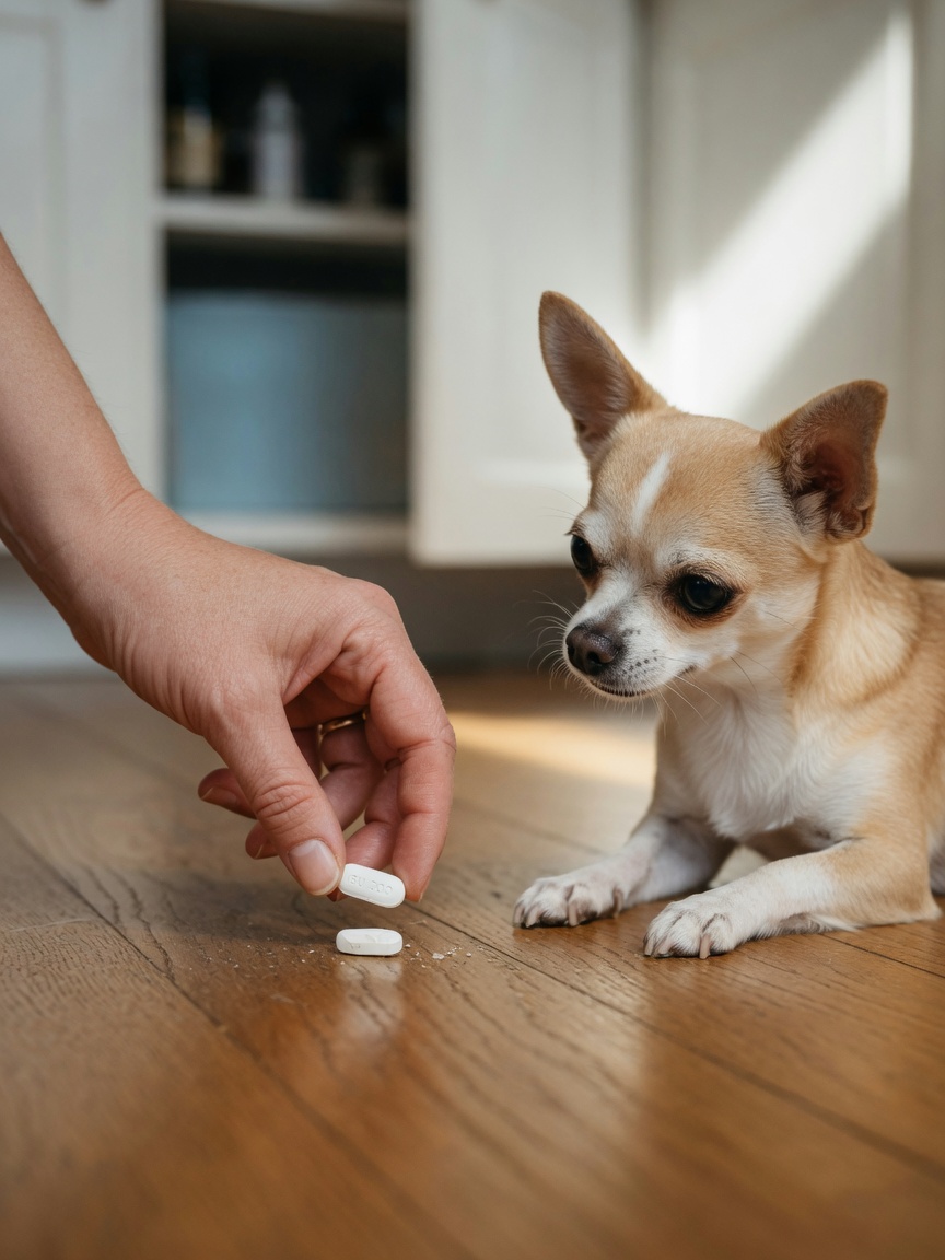 Owner's hand retrieving single ibuprofen tablet from floor near curious small Chihuahua