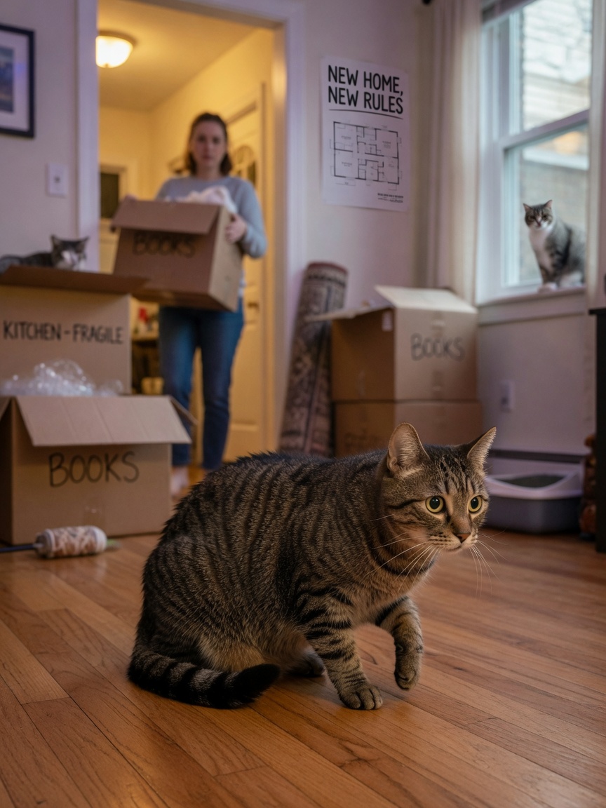 Nerveuze tabby kat omringd door huishoudelijke stressfactoren, inclusief verhuisdozen en onbekende personen