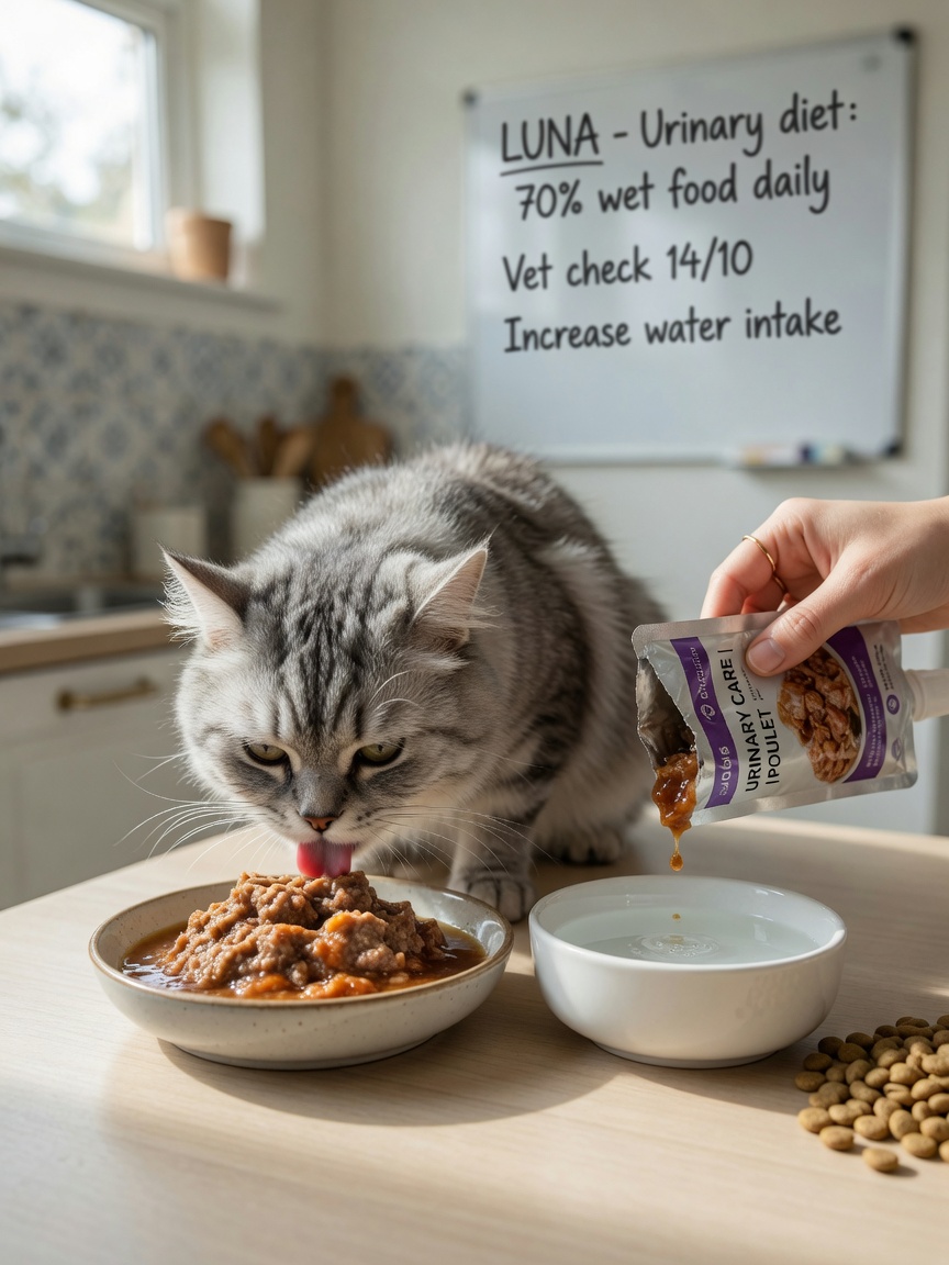 Kat die nat voer eet uit een kom met waterschaal ernaast, het tonen van voedingsbeheer voor cystitis