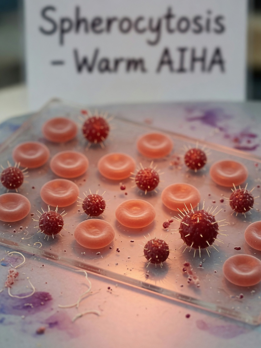 Microscopic view of spherocytes and antibody-marked red blood cells showing immune-mediated destruction in IMHA