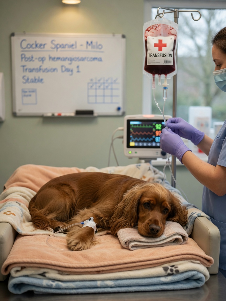 Cocker Spaniel receiving blood transfusion and supportive care in intensive care during IMHA treatment