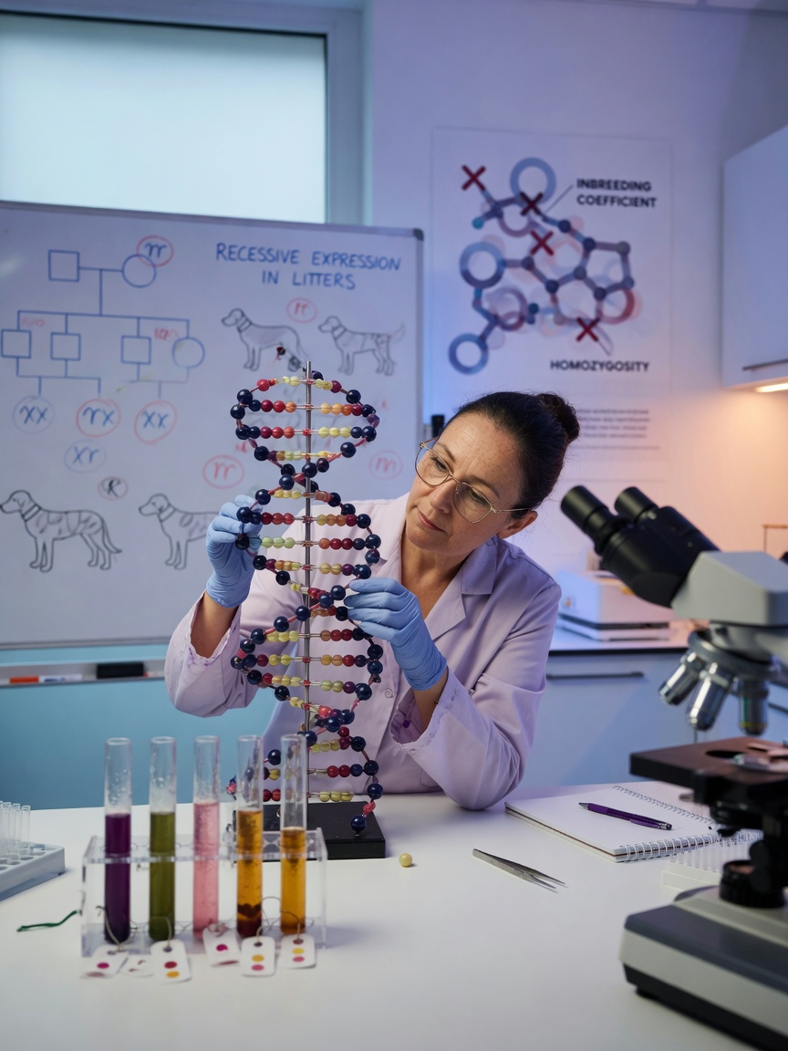Veterinary geneticist examining DNA helix model and genetic samples in a research laboratory