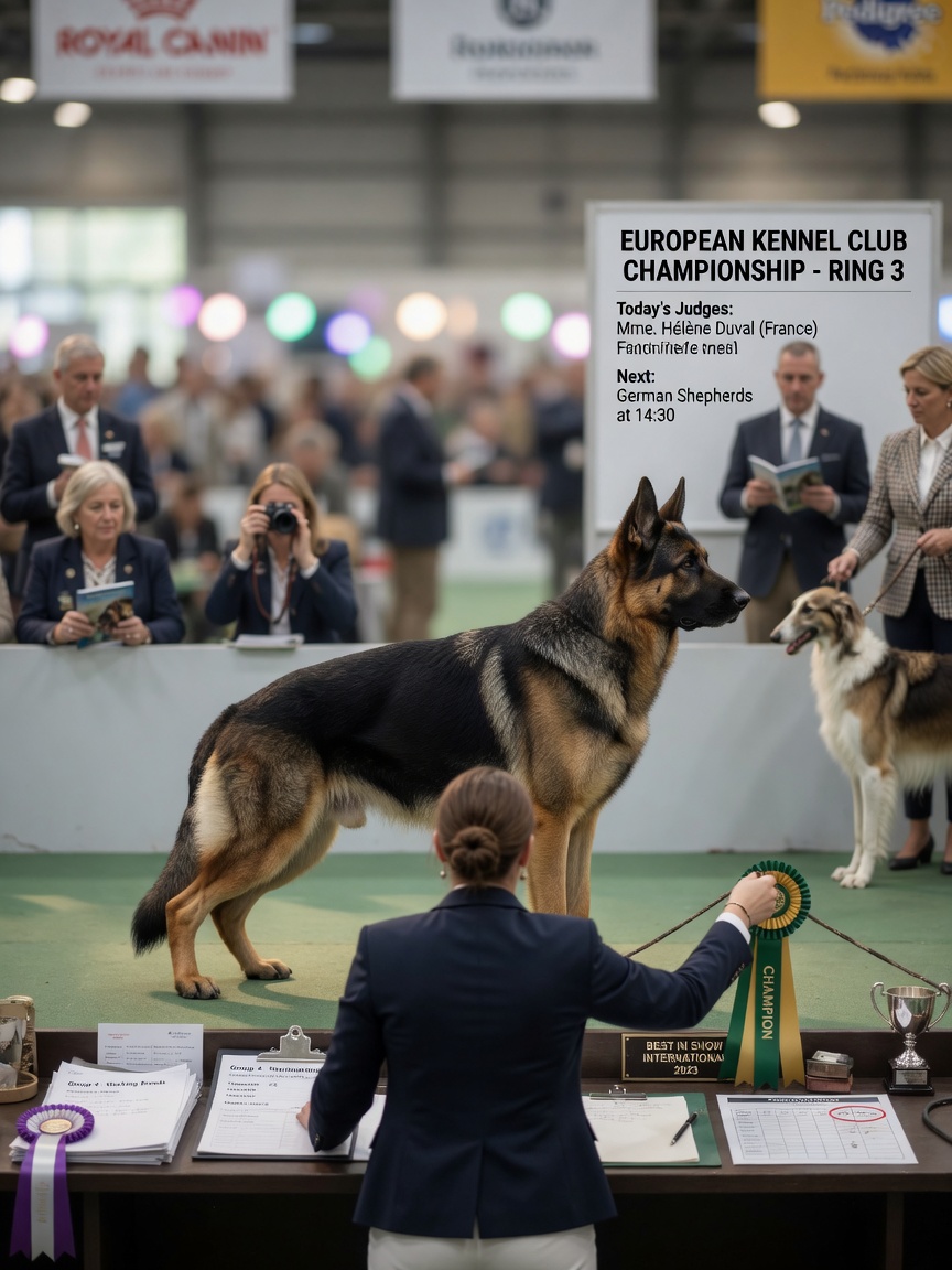 Champion stud dog presented in professional dog show ring demonstrating why popular sires are overused