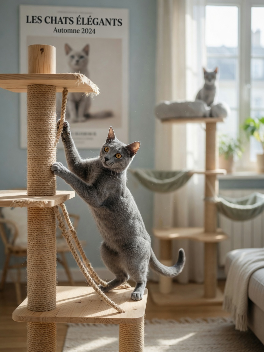 Grey-blue Russian Blue cat climbing tall wooden cat tree with multiple levels and sisal-wrapped scratching posts in bright living room