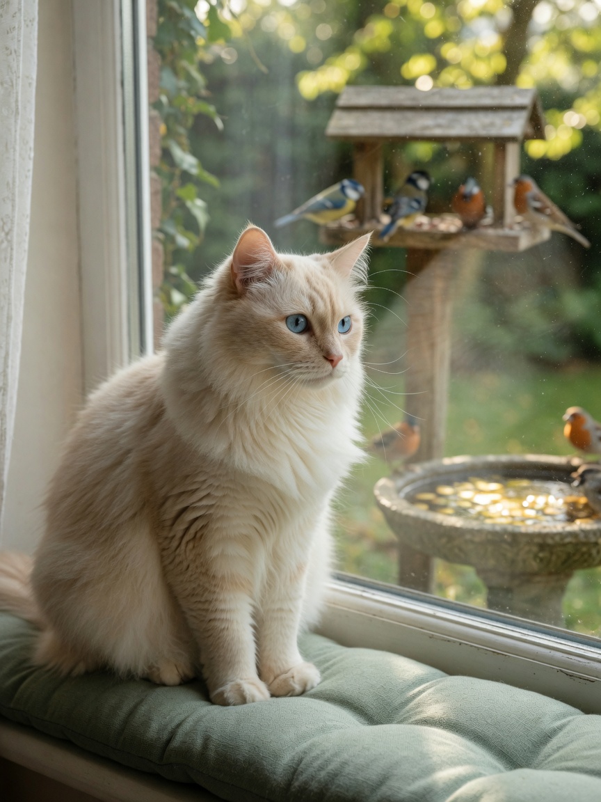 Cream-coloured long-haired cat with blue eyes watching birds at outdoor feeder from window perch, ears forward and alert
