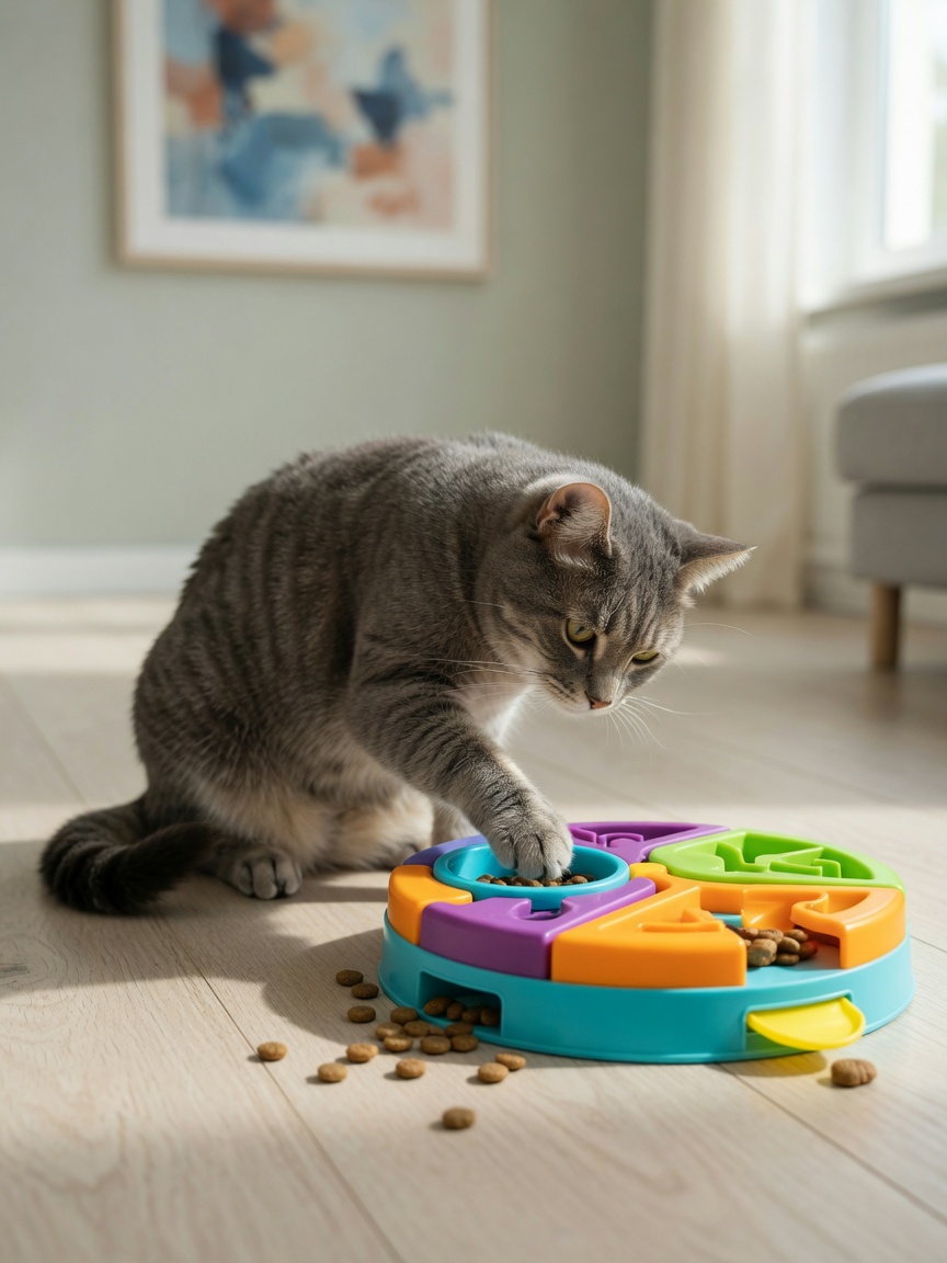 Gato atigrado gris usando la pata para interactuar con el juguete comedero interactivo en el piso de madera