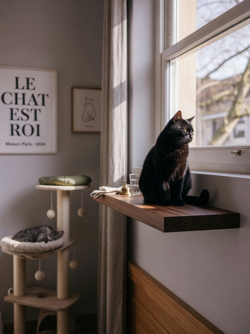 Gato negro descansando en repisa elevada de pared mientras mira por la ventana para enriquecimiento ambiental
