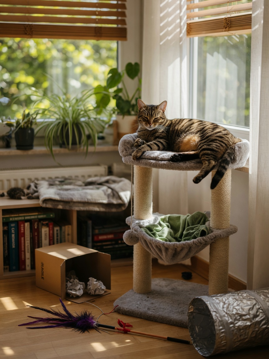 Content indoor cat enjoying an enriched environment with tree, toys, and natural light