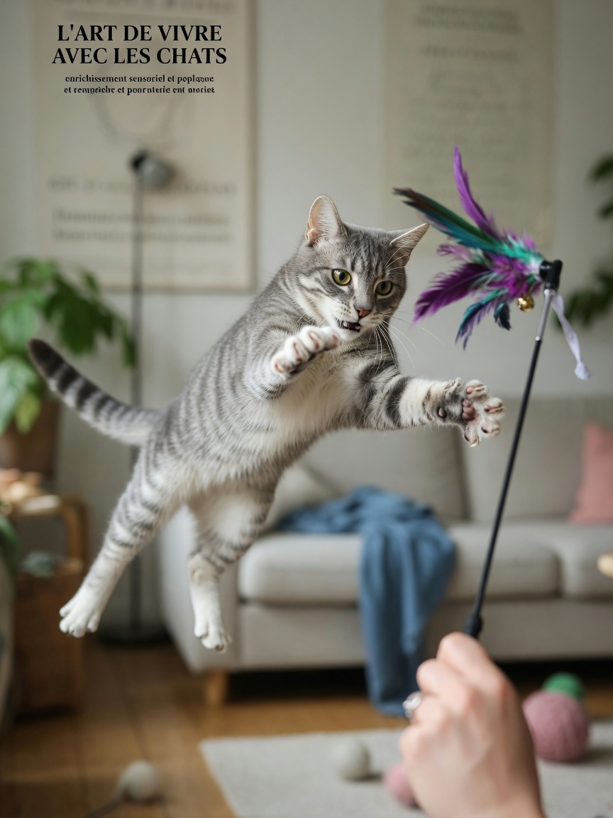 Tabby cat pouncing on an interactive feather wand toy during play session, demonstrating predatory engagement