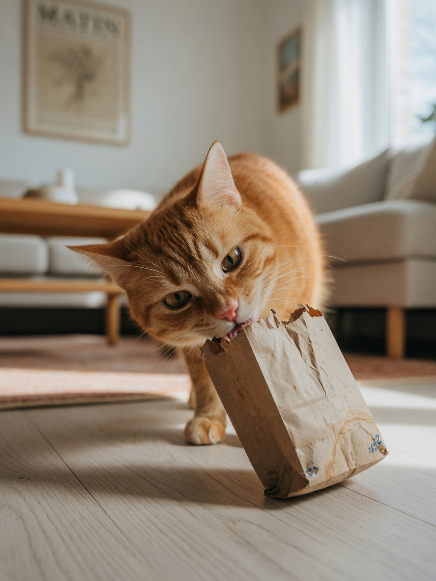 Orange tabby cat investigatively sniffing a paper bag for scent enrichment stimulation