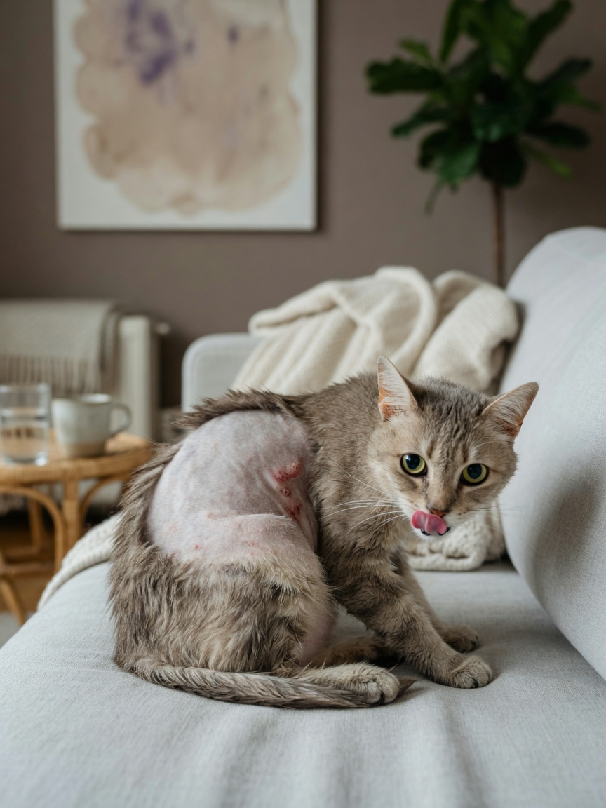 Zimmerkatze mit sichtbaren kahlen Stellen durch übermäßiges Putzen, Zeichen von Angst und Stress