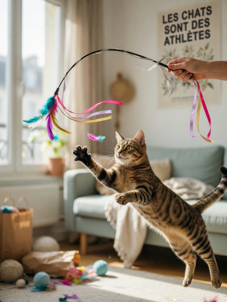 Getigerte Katze springt auf Federstab-Spielzeug, das von einer menschlichen Hand gehalten wird, während einer interaktiven Spielsitzung